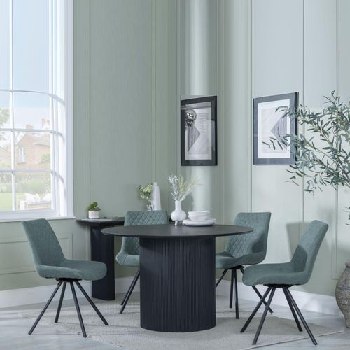 Bern Fluted Black 4 Seater Round Dining Set - 4 Boden Green Fabric Swivel Dining Chair