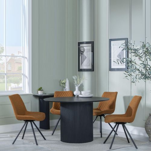 Bern Fluted Black 4 Seater Round Dining Set - 4 Boden Orange Fabric Swivel Dining Chair