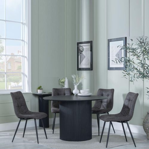 Bern Fluted Black 4 Seater Round Dining Set - 4 Corona Grey Fabric Chairs