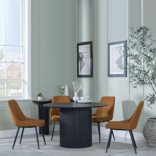 Bern Fluted Black 4 Seater Round Dining Set - 4 Darwin Orange Fabric Dining Chair