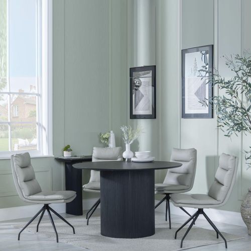 Bern Fluted Black 4 Seater Round Dining Set - 4 Diego Beige Leather Swivel Dining Chair