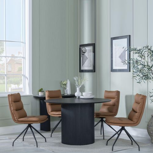 Bern Fluted Black 4 Seater Round Dining Set - 4 Diego Brown Leather Swivel Dining Chair