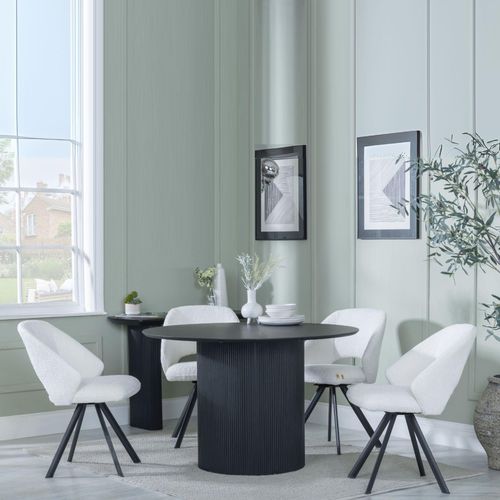 Bern Fluted Black 4 Seater Round Dining Set - 4 Ion Cream Boucle Teddy Fabric Swivel Dining Chair
