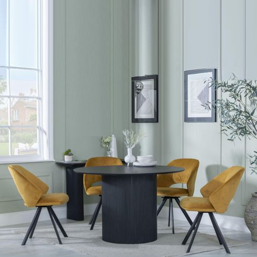 Bern Fluted Black 4 Seater Round Dining Set - 4 Ion Mustard Velvet Fabric Swivel Dining Chair