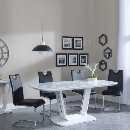 Athos White Glass Dining Set - Bianco Black Faux Leather Dining Chair