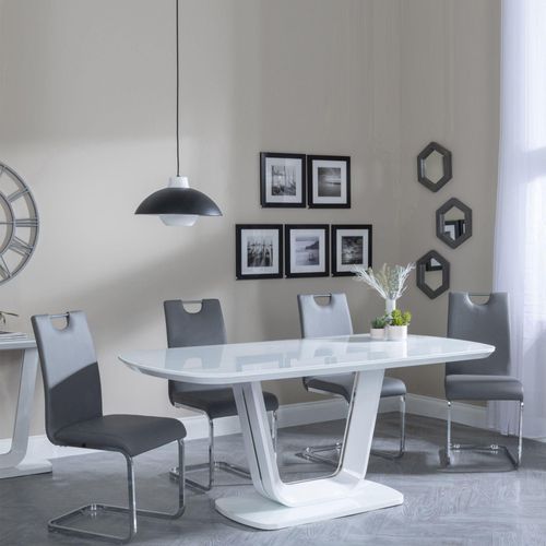 Athos White Glass Dining Set - Bianco Grey Faux Leather Dining Chair