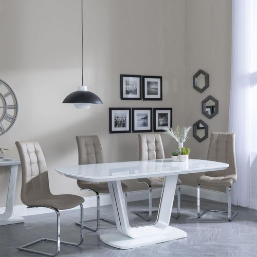 Athos White Glass Dining Set - Jamison Beige Faux Leather Dining Chair