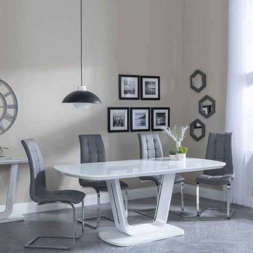 Athos White Glass Dining Set - Jamison Grey Faux Leather Dining Chair