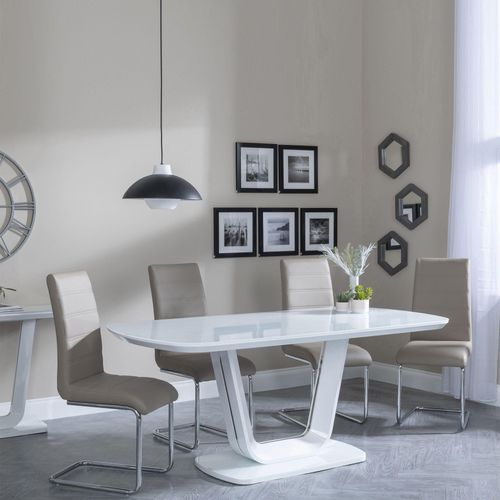 Athos White Glass Dining Set - Roma Beige Faux Leather Dining Chair