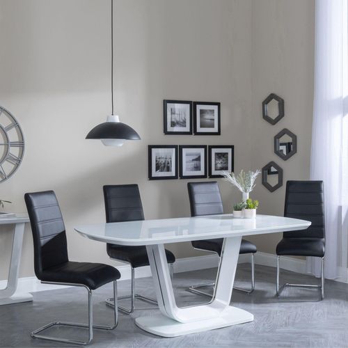Athos White Glass Dining Set - Roma Black Faux Leather Dining Chair