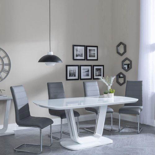 Athos White Glass Dining Set - Roma Grey Faux Leather Dining Chair