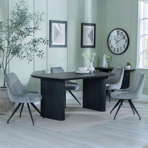 Bern Fluted Black Dining Set - Arctic Grey Velvet Fabric Swivel Dining Chair
