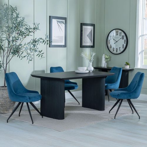 Bern Fluted Black Dining Set - Arctic Blue Velvet Fabric Swivel Dining Chair