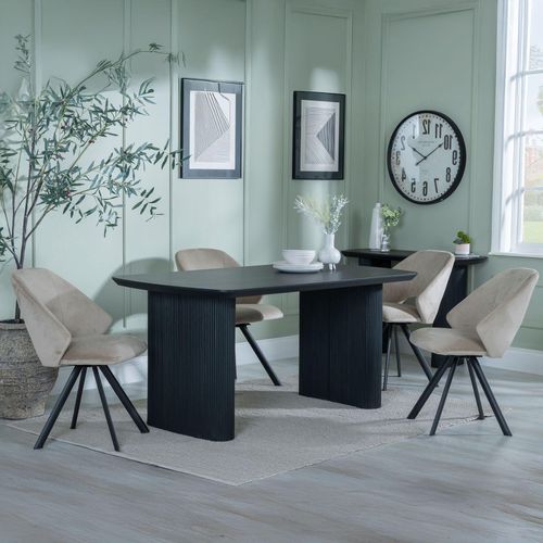 Bern Fluted Black Dining Set - Ion Beige Velvet Fabric Swivel Dining Chair