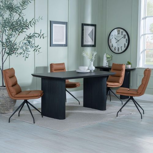 Bern Fluted Black Dining Set - Diego Brown Leather Swivel Dining Chair