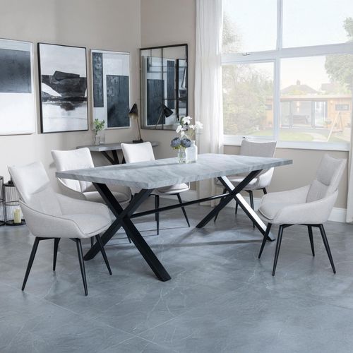 Ezra Grey Dining Set with Cross Legs - Ace Beige Fabric Swivel Dining Chair