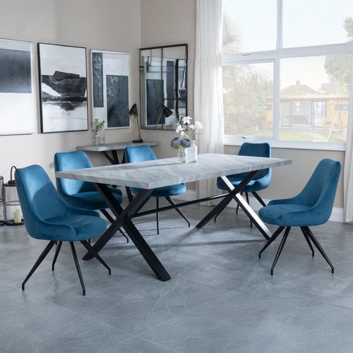 Ezra Grey Dining Set with Cross Legs - Arctic Blue Velvet Fabric Swivel Dining Chair