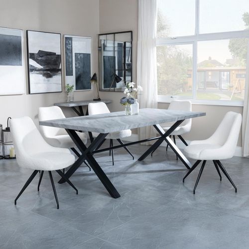 Ezra Grey Dining Set with Cross Legs - Arctic Cream Velvet Fabric Swivel Dining Chair