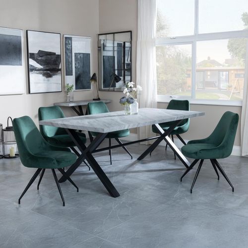 Ezra Grey Dining Set with Cross Legs - Arctic Green Velvet Fabric Swivel Dining Chair