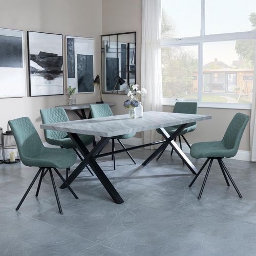 Ezra Grey Dining Set with Cross Legs - Boden Green Fabric Swivel Dining Chair