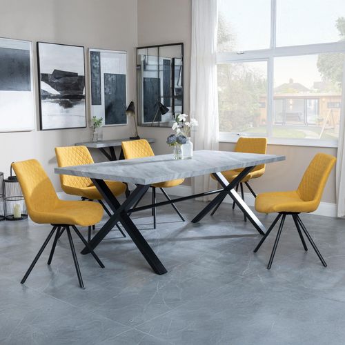 Ezra Grey Dining Set with Cross Legs - Boden Yellow Fabric Swivel Dining Chair