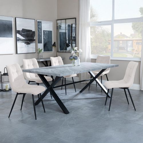 Ezra Grey Dining Set with Cross Legs - Corona Beige Fabric Dining Chair