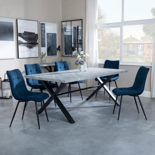 Ezra Grey Dining Set with Cross Legs - Corona Blue Fabric Dining Chair