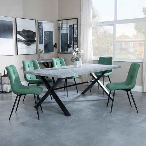 Ezra Grey Dining Set with Cross Legs - Corona Green Fabric Dining Chair
