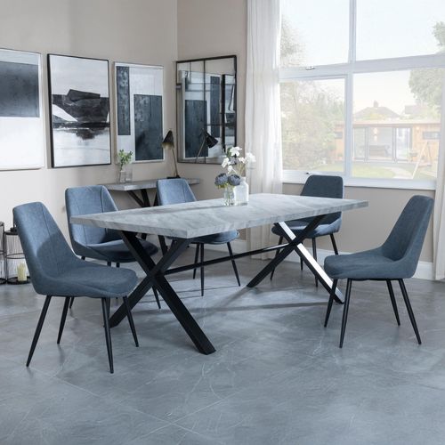 Ezra Grey Dining Set with Cross Legs - Darwin Dark Grey Fabric Dining Chair