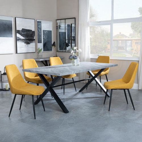 Ezra Grey Dining Set with Cross Legs - Darwin Yellow Fabric Dining Chair