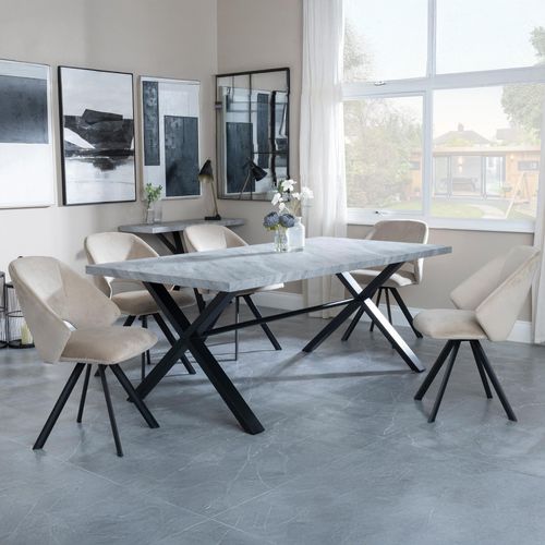 Ezra Grey Dining Set with Cross Legs - Ion Beige Velvet Fabric Swivel Dining Chair