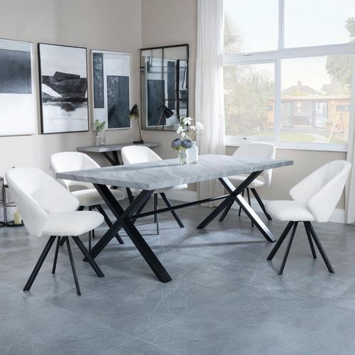 Ezra Grey Dining Set with Cross Legs - Ion Cream Boucle Teddy Fabric Swivel Dining Chair