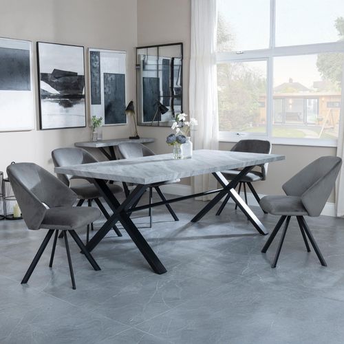 Ezra Grey Dining Set with Cross Legs - Ion Dark Grey Velvet Fabric Swivel Dining Chair