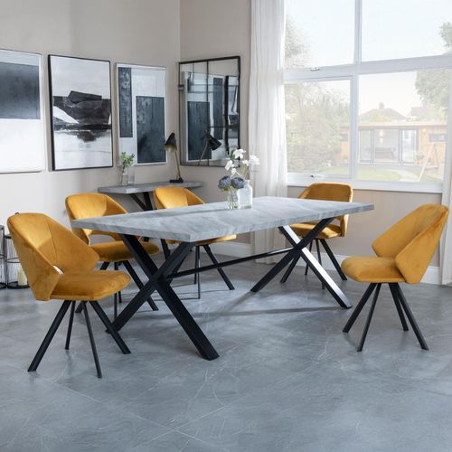 Ezra Grey Dining Set with Cross Legs - Ion Mustard Velvet Fabric Swivel Dining Chair
