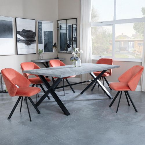 Ezra Grey Dining Set with Cross Legs - Ion Orange Velvet Fabric Swivel Dining Chair