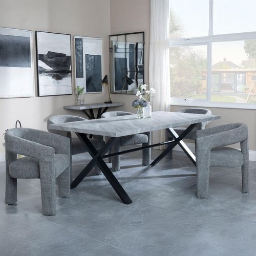 Ezra Grey Dining Set with Cross Legs - Kiefer Grey Boucle Fabric Dining Chair