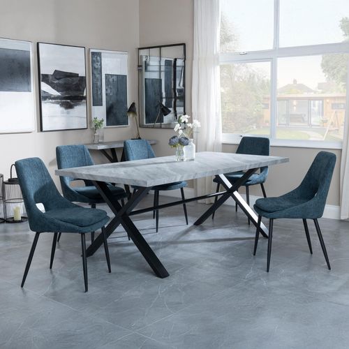 Ezra Grey Dining Set with Cross Legs - Peyton Blue Fabric Dining Chair