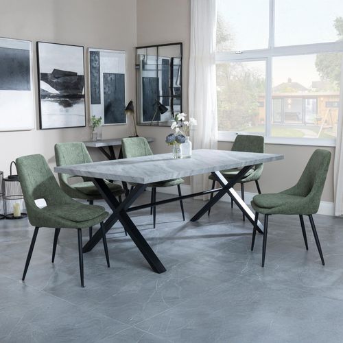 Ezra Grey Dining Set with Cross Legs - Peyton Green Fabric Dining Chair