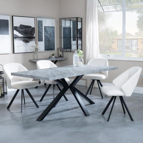 Ezra Grey Dining Set with Spider Legs - Ion Cream Boucle Teddy Fabric Swivel Dining Chair