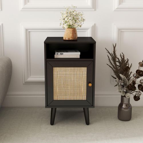 Clearance - Ferrero Black and Woven Rattan 1 Door Bedside Table