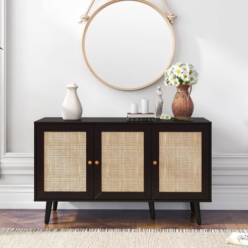 Clearance - Ferrero Black and Woven Rattan 3 Door Medium Sideboard - 120cm