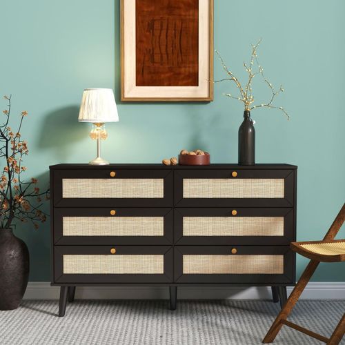 Clearance - Ferrero Black and Woven Rattan 6 Drawer Wide Chest