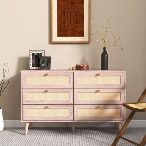 Clearance - Ferrero Natural and Woven Rattan 6 Drawer Wide Chest