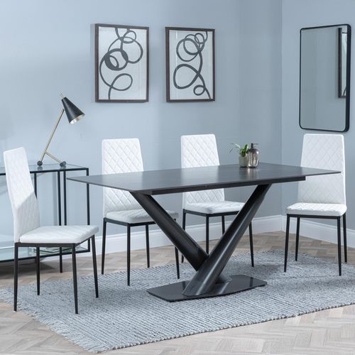 Maldon Black Ceramic Dining Set - Metro White Leather Dining Chair with Black Legs