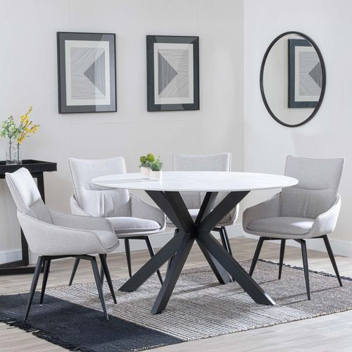Novara White Ceramic 4 Seater Round Dining Set - 4 Ace Beige Fabric Swivel Dining Chair