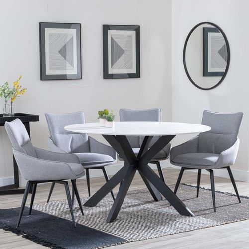Novara White Ceramic 4 Seater Round Dining Set - 4 Ace Grey Fabric Swivel Dining Chair