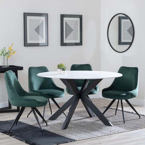 Novara White Ceramic 4 Seater Round Dining Set - 4 Arctic Green Velvet Fabric Swivel Dining Chair
