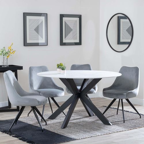 Novara White Ceramic 4 Seater Round Dining Set - 4 Arctic Grey Velvet Fabric Swivel Dining Chair