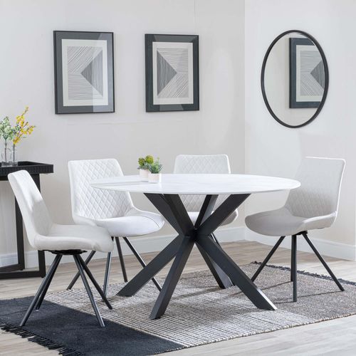Novara White Ceramic 4 Seater Round Dining Set - 4 Boden Cream Fabric Swivel Dining Chair