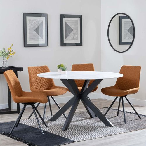 Novara White Ceramic 4 Seater Round Dining Set - 4 Boden Orange Fabric Swivel Dining Chair